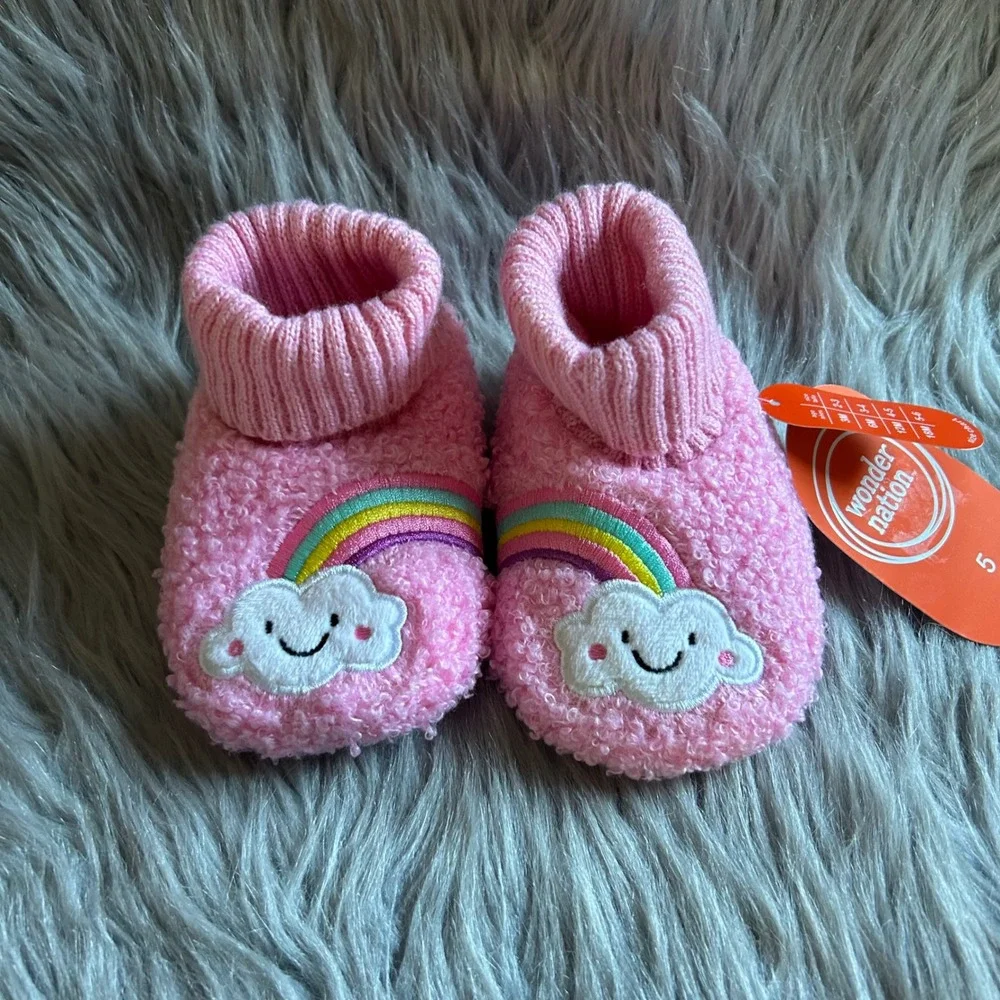 Wonder Nation Slippers Baby Girl Size 5 Pink Fuzzy Rainbow Shoes 12-18 Months